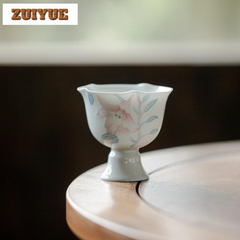 2pc/lot Japanese Hand Drawn Lily High Footed Teacup Ancient Flower Mouth Tea Bowl Cup For Tea Personal Cup Chazhan Tea Mug 75ml