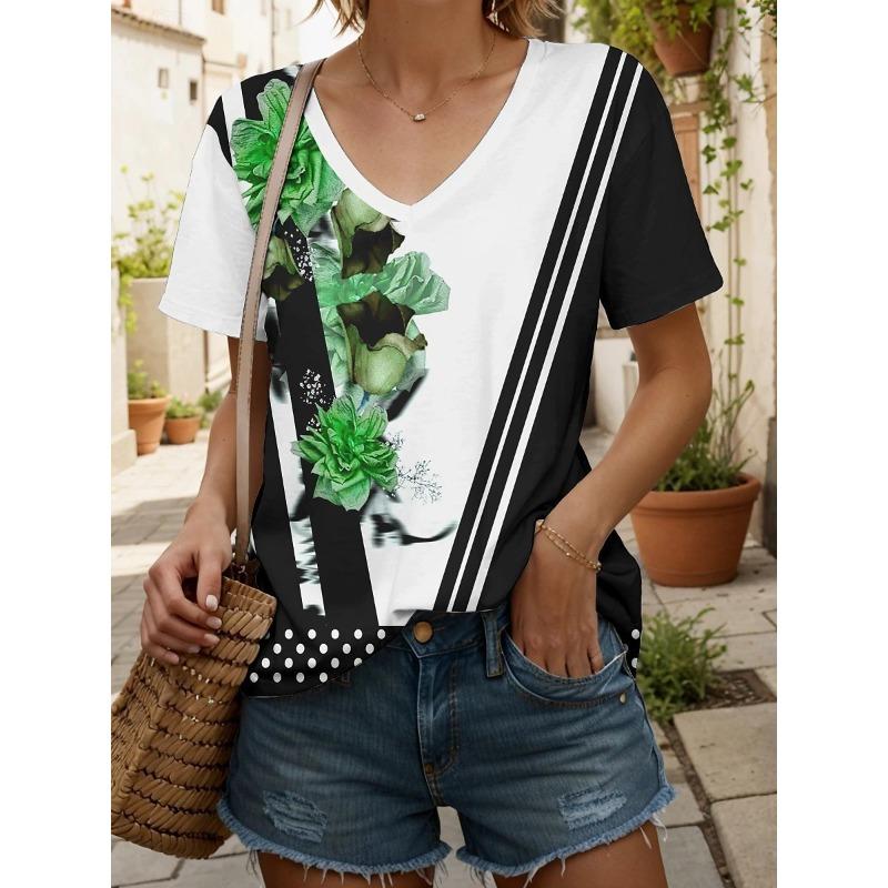 

Fashionable New Casual Women s Clothing Color Pattern 3D Printed V-neck T-shirt Daily Loose Women s Short Sleeved T-shirt 5XL