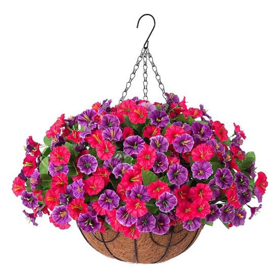 Artificial Hanging Fake Flowers with Basket Outdoor UV Resistant Faux Silk Morning Glory Vines Plants for Porch Patio Garden Balcony Yard Spring