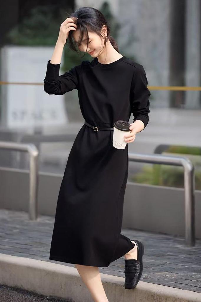 Chubikime Long Sleeve Sweatshirt Crew Midi Solid Simple and Pullover Style with Hem Stylish and Perfect for and Casual Work Women's Dress, Neck,