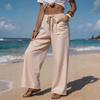 Women's Casual Wide Leg Pants Striped Drawstring Waistband with Pockets Lightweight Comfortable Loose Fit Trousers for Daily Wear