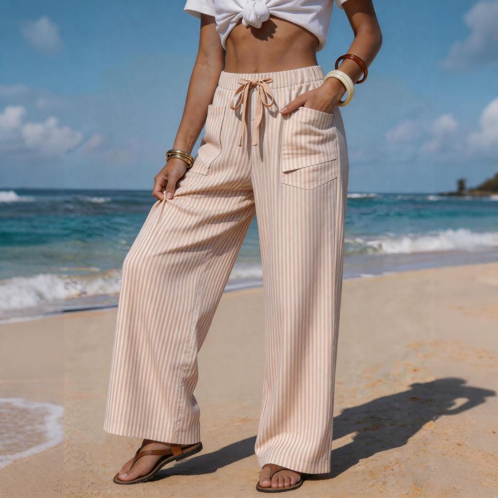Women's Casual Wide Leg Pants Striped Drawstring Waistband with Pockets Lightweight Comfortable Loose Fit Trousers for Daily Wear
