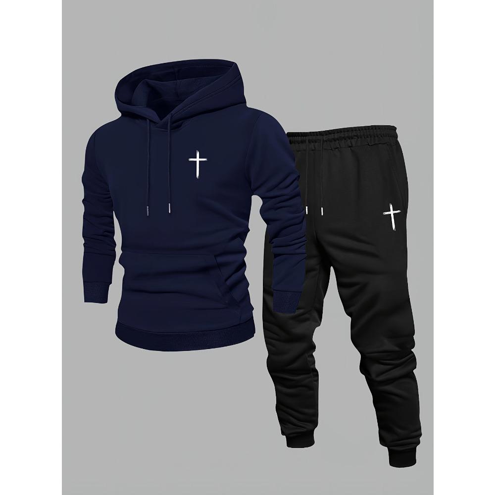 Men's Printed 2pcs Set, Casual Hooded Long Sleeve Sweatshirt and Jogger Pants Outfit, Suitable for Winter and Autumn, Sportswear Set