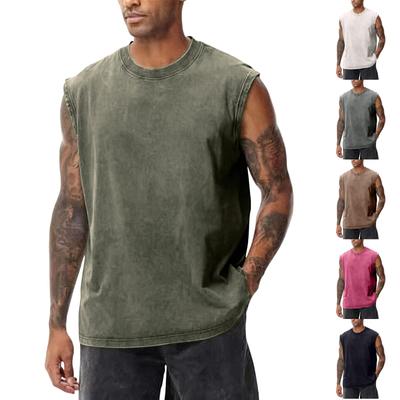 Męska casualowa kamizelka bez rękawów w stylu amerykańskim, prana, Męski top T-shirt z bawełny w stylu retro z okrągłym dekoltem