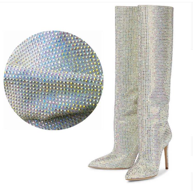 Nuovi Stivali Alti Fino Al Ginocchio Stiletto a Punta Acuta con Punti Stellati Baby'S Breath Europei e Americani, Stivali da Sfilata da Donna Taglie Forti