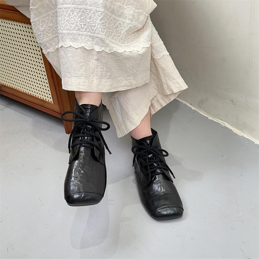 Johnature Bottines Plates Courtes Rétro Cuir Véritable Bout Carré Lacets Bottines Femme