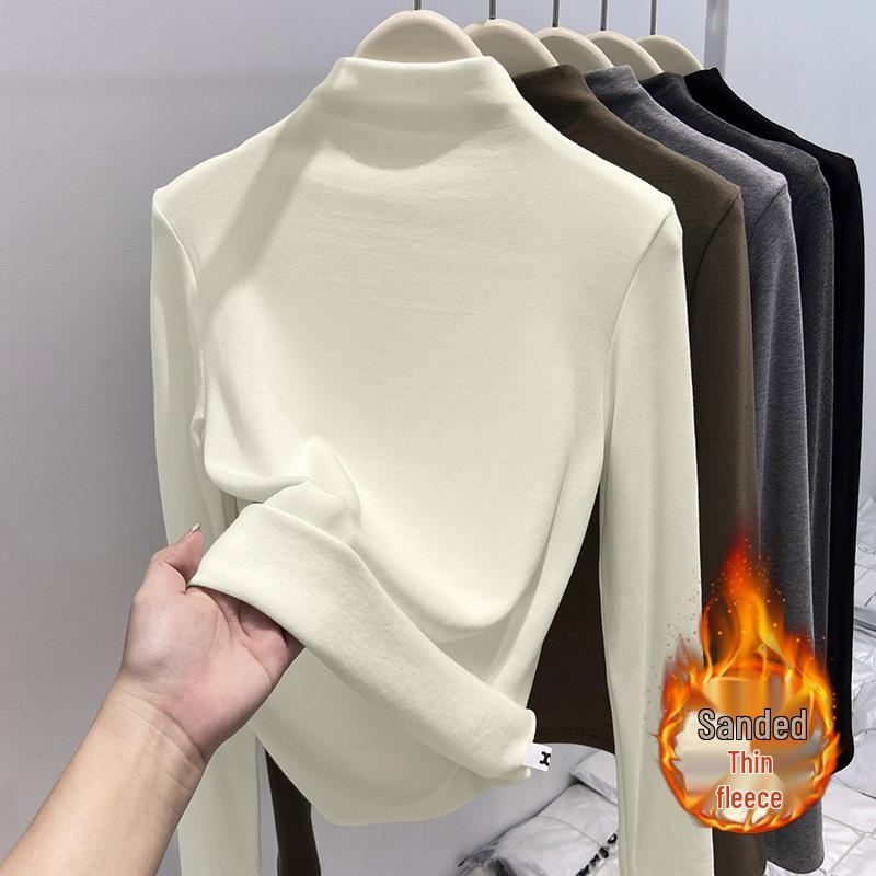 Women's Slim-Fit Fleece-Lined Mid-Collar Long-Sleeve Top - Warm and Versatile for Autumn and Winter