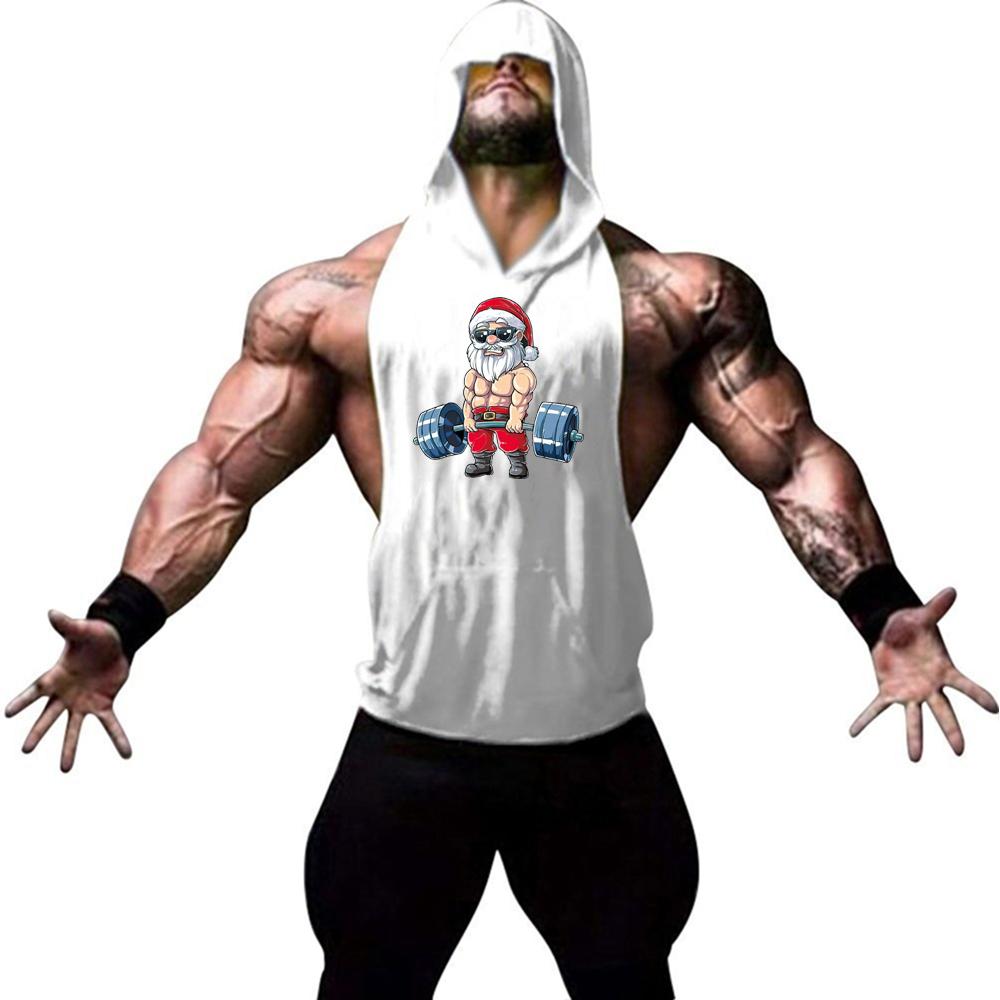 Men s fashion trend personalized gym fitness and leisure sleeveless Santa Claus print pattern hooded vest sports running vest M