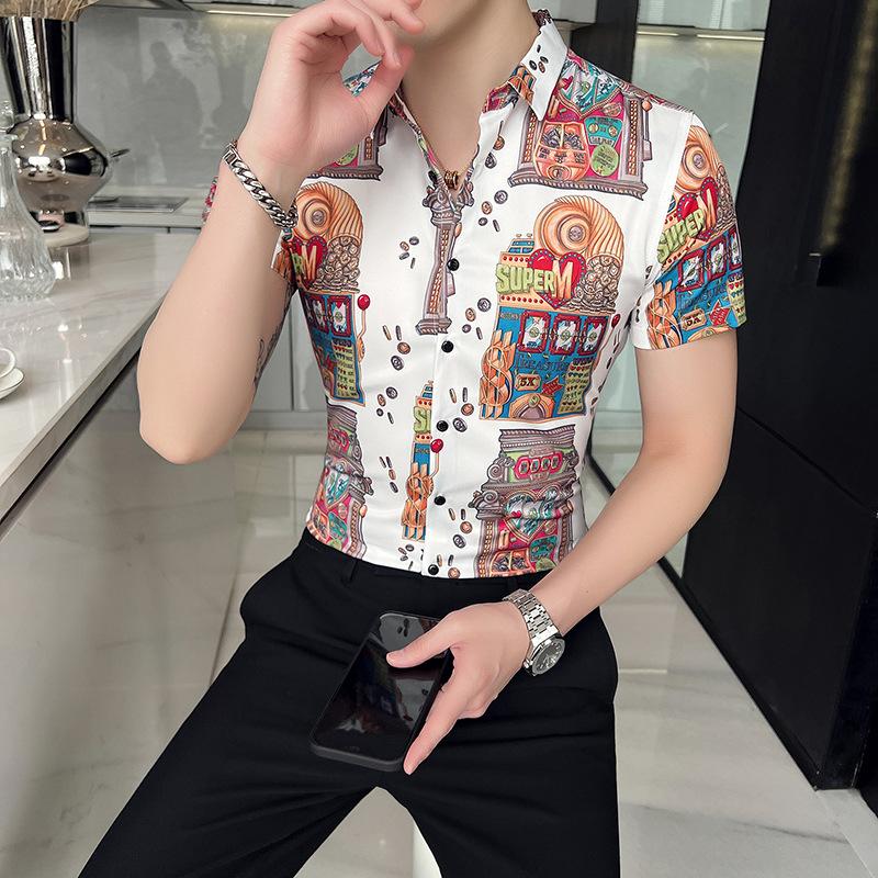 

Новая рубашка, европейская и американская темпераментная рубашка, мужская рубашка с короткими рукавами и персонализированным принтом, топ M белый