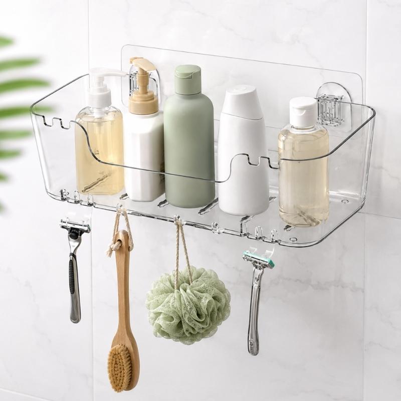Bathroom Wall Shelf with Open Base, Adhesive Shower Storage Rack for Mounting of Bottles, Soap and Daily Use Items near Sink Side Storage