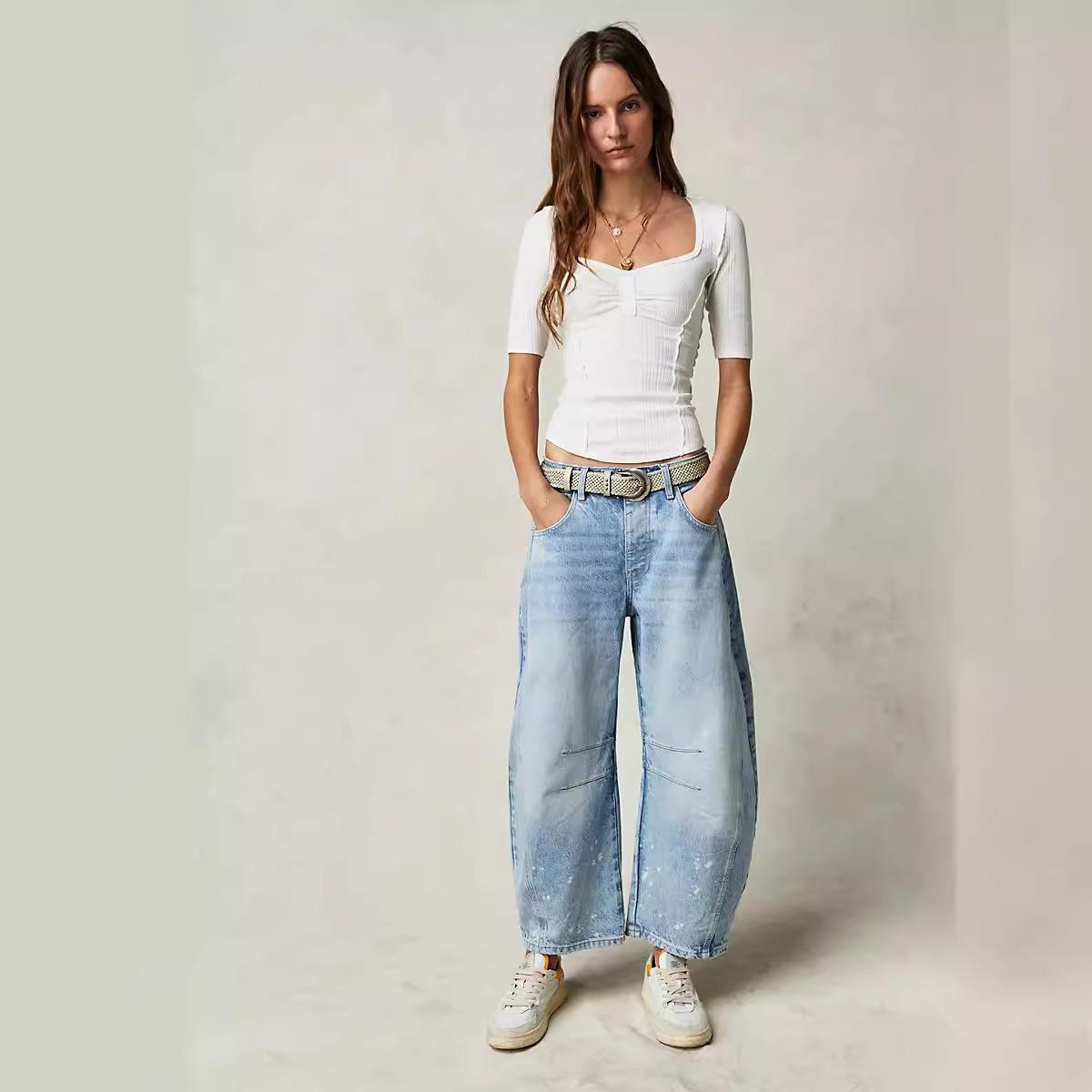 Twelve Month Dames Mid-waist Jeans Stijlvolle Dames Gradient Kleur Wijde Pijp Jeans met Zakken Hip Hop Retro Enkellengte Denim voor Dames Plus Size XL lichtblauwe kleur