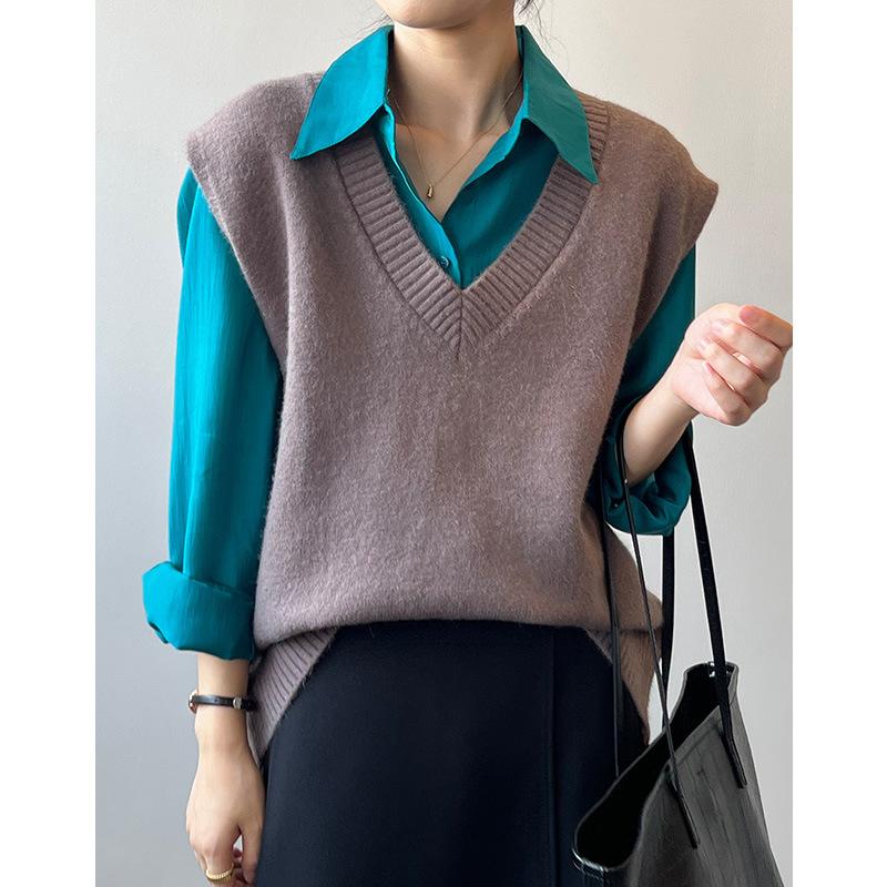 V-neck Knitted Vest Women's Spring Clothes Loose Casual Sweater Vest Inner Layer Top