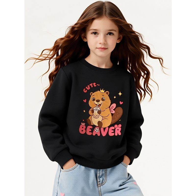 Kids Sweatshirt,Crew Neck Fashion Top, Fun "Cute Beaver Drinking" Patterned Sweatshirt, for Everyday Casual Wear, for All Kinds of Daily Outfits