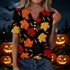 Women's Casual V-Neck Short Sleeve T-Shirt with Fall Leaves Print and Button