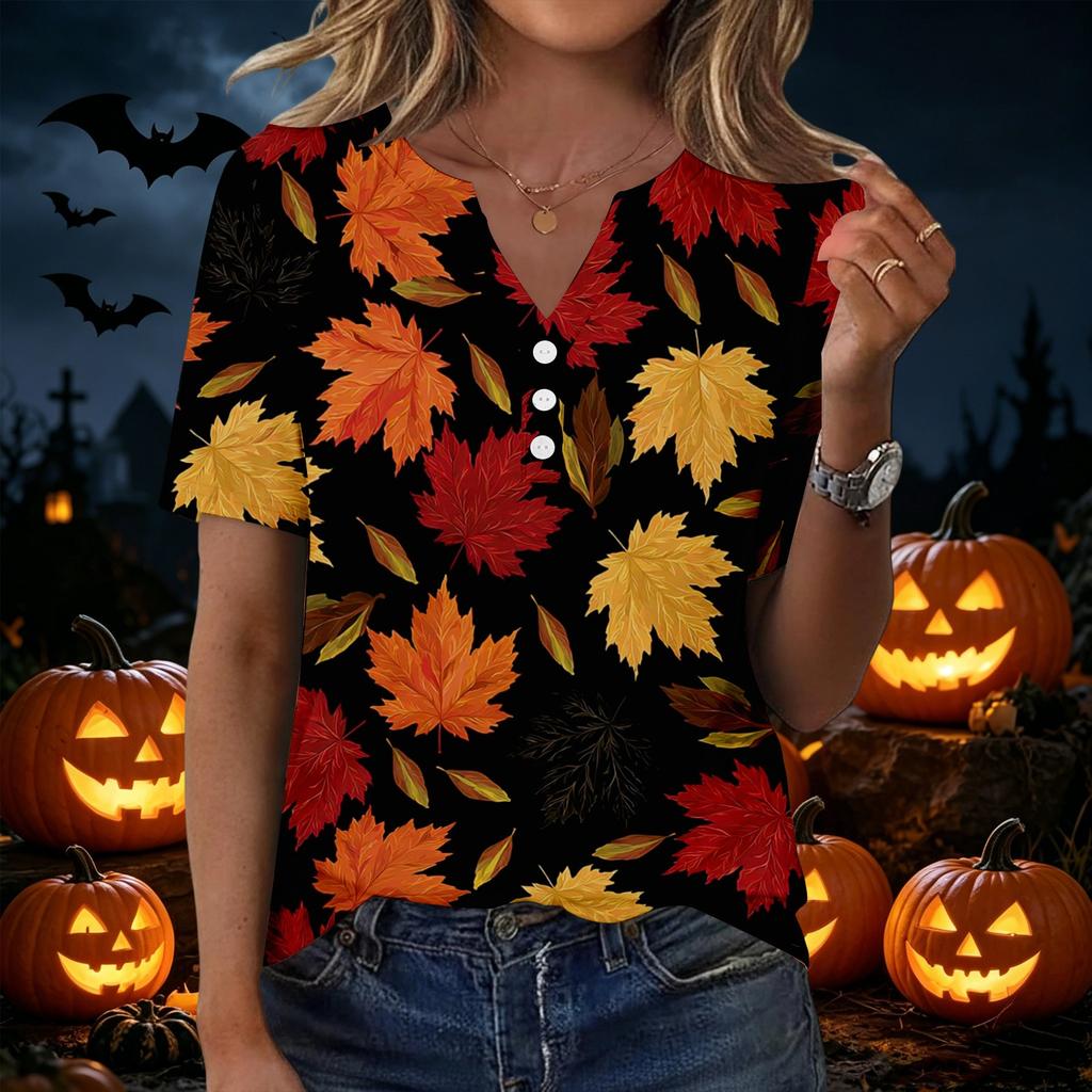 Women's Casual V-Neck Short Sleeve T-Shirt with Fall Leaves Print and Button