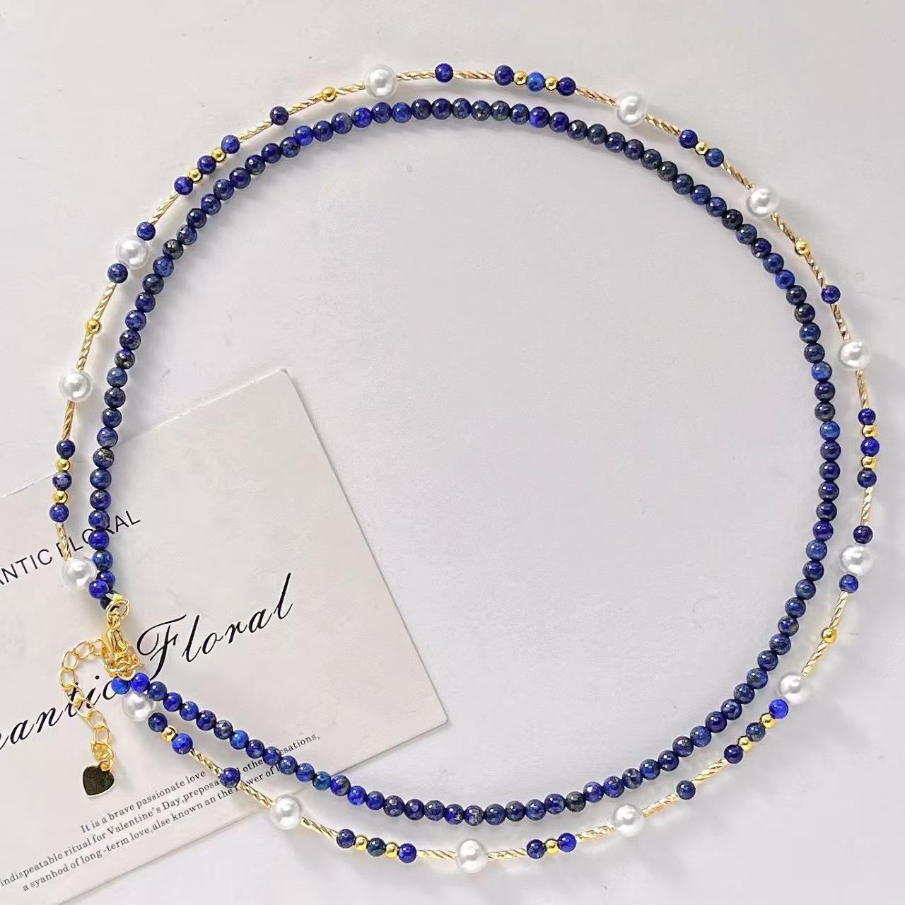 Vintage Design Sense Artificial Crystal Pearl Natural Lapis Lazuli Double Clavicle Chain Necklace