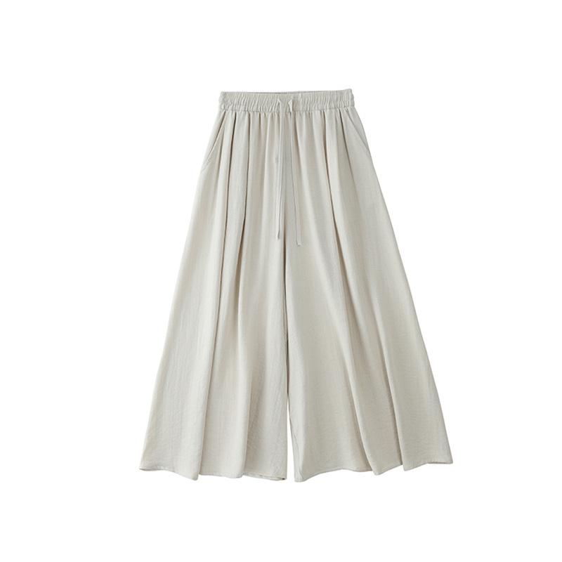 Women's High-Waisted Linen-Cotton Wide-Leg Pants: Loose, Slimming, Versatile, Textured Nine-Point Culottes