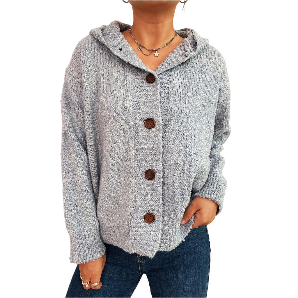 Women's Fashion Casual Thickened Hooded Single-Breasted Long-Sleeved Cardigan Button Knitted Sweater Jacket
