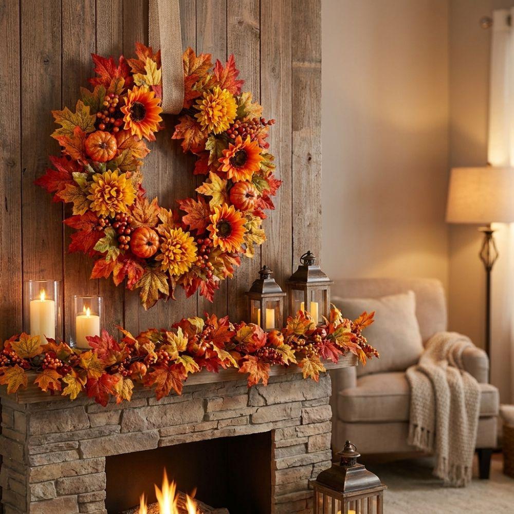 Fall Harvest Halloween Pumpkin Maple Leaf Wreath Rustic Style Simulation Pumpkin Door Wreath Autumn Maple Leaf Artificial Wreath