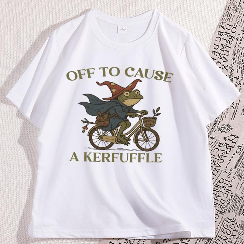 Off To Cause A Kerfuffle Frog Tshirt Men Women Causal Cotton Short Sleeve Funny Weirdcore Sayings Unique Tshirt Tee Clothes