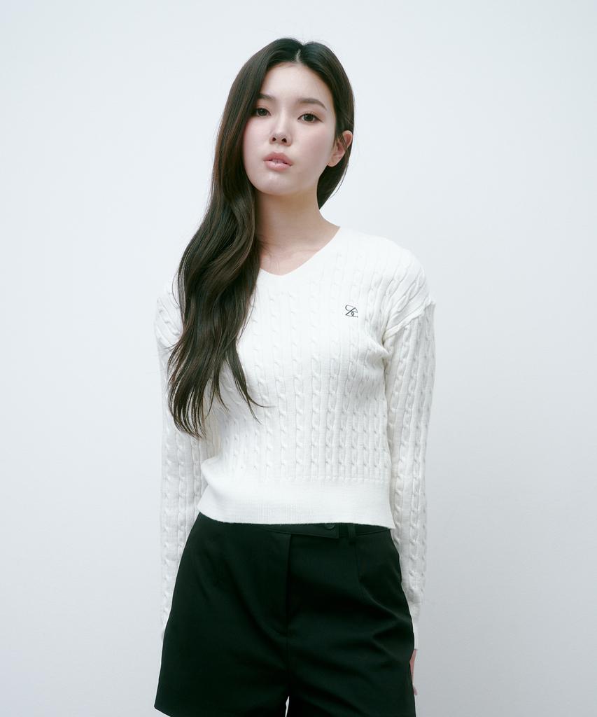 Solteuaenchokollis Sac Logo Cable V-Neck Knit Ivory 4W2316001