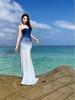Gradient Blue Elastic Mesh Women's Strapless Fishtail Dress with Slimming Waist and Heart-Shaped Neckline