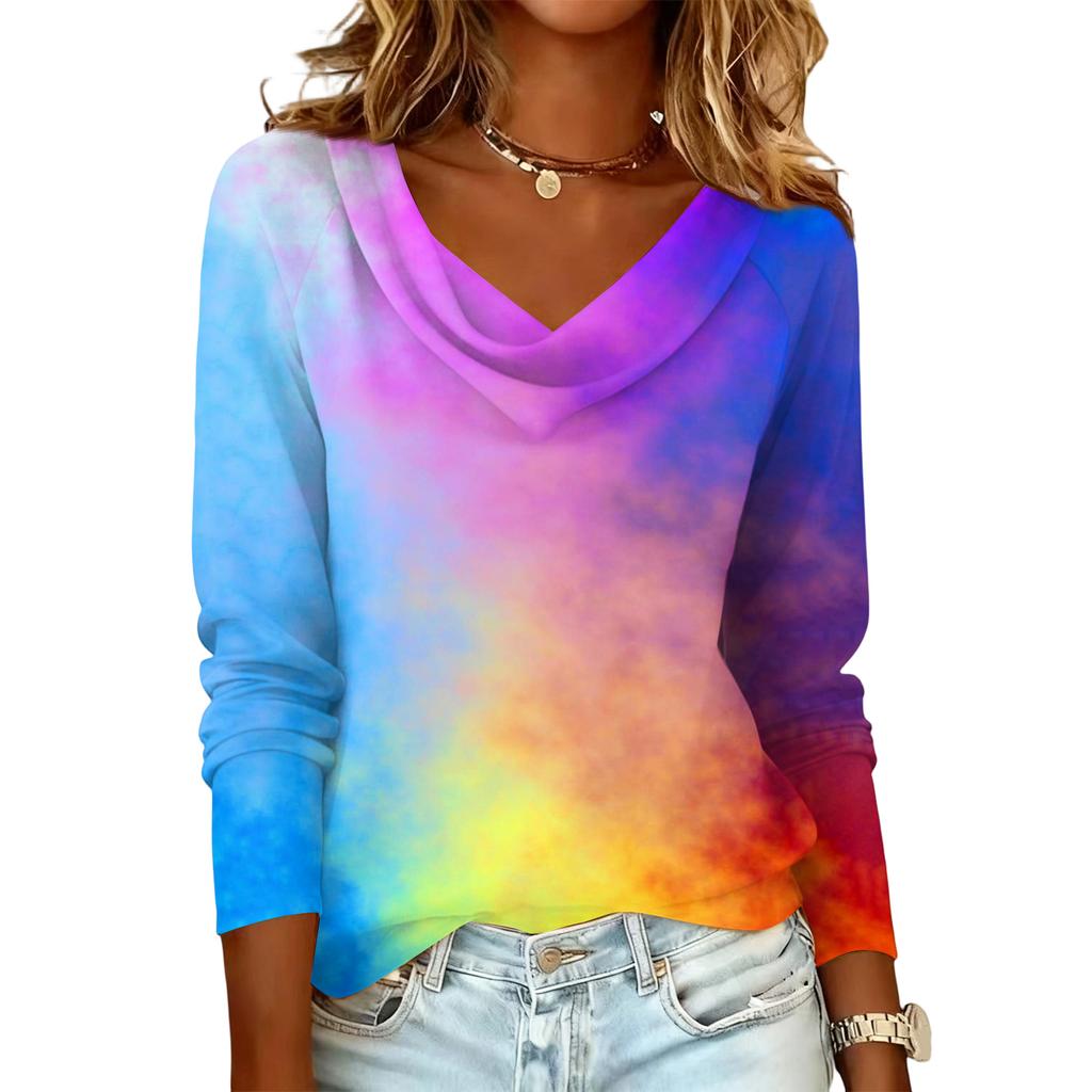 Damen lässiges Mode-Pulloveroberteil mit Langarm, kreuzgefärbt und bedruckt