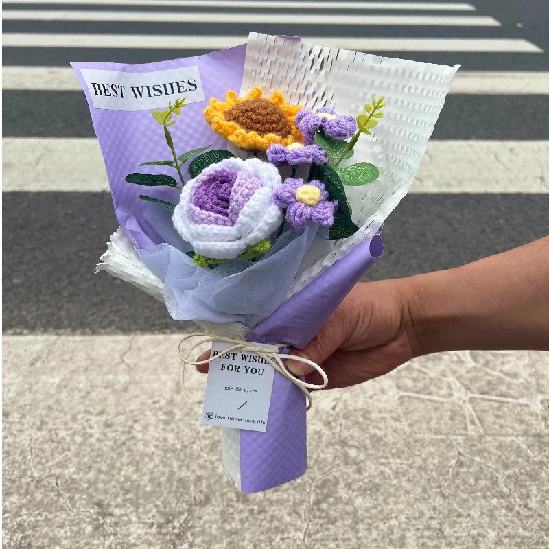 Valentine's Day Mini Bouquet Artificial Rose Flowers Handmade Crochet Flower Bouquet Christmas Wedding Party Gifts Home Decor