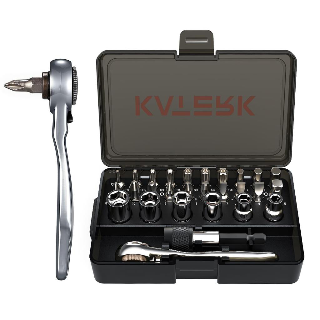 Katerk Ratchet Wrench and Screwdriver Socket Wrench Fine Sockets Ratchet Easy Garage Tool Quick Release Ideal for Tight Spaces 28-in-1 Set, Set,