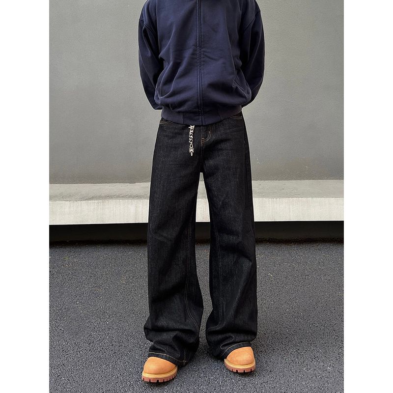 Blaexit American Retro Selvedge Denim Black Jeans for Men, Raw Denim Color Design, Straight-Leg, Slightly Flared Long Pants