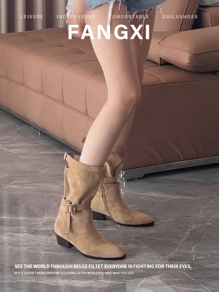 

Cowhide Edition~ Western Cowboy Boots Pointed High Heel Knight Boots Women s Belt Buckle Medium Boots Thick Heel Martin Boots 40