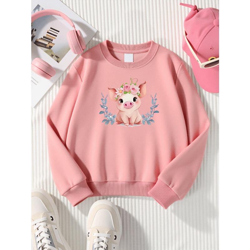 Girls' Crewneck Sweatshirt Cute Pig with Flower Crown And Leaves Machine Washable, Spring And Autumn