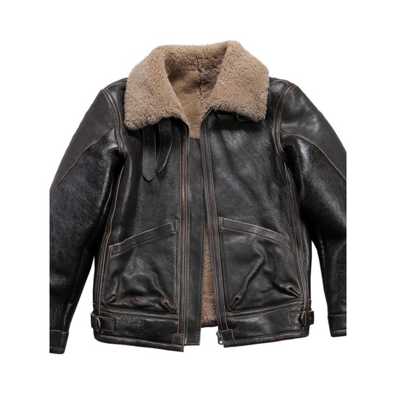 Vintage RLB3 Sheepskin Leather Flight Jacket for Men with Fur Lining and Distressed Horsehide Pockets
