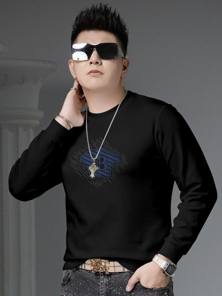 

European High-End Rhinestone Printed Round-Neck Sweatshirt for Men, 2025 New Autumn Trendy Brand Long-Sleeve Top, Base Layer Shirt for Men 2XL чёрный