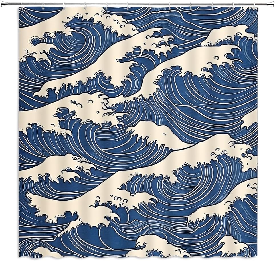 Japanese Wave Shower Curtain Abstract Kanagawa Oriental Ocean Sea Waves Creative Geometric Comic Antique Bathroom Curtain