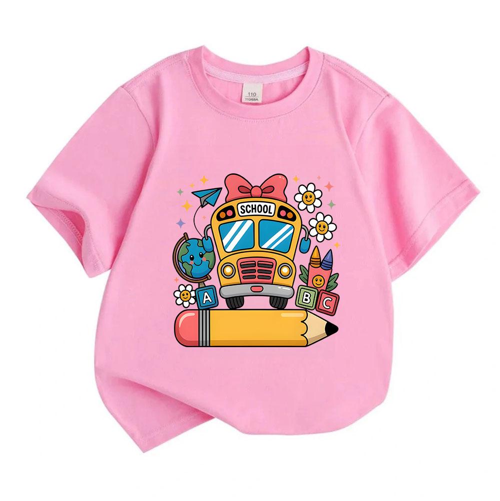 Kids Boys Girls 100% Cotton Crew Neck Short Sleeve T-Shirt, Cute School Bus with Bow Pencil ABC Flower Print Casual Tee for Back To School Daily Wear