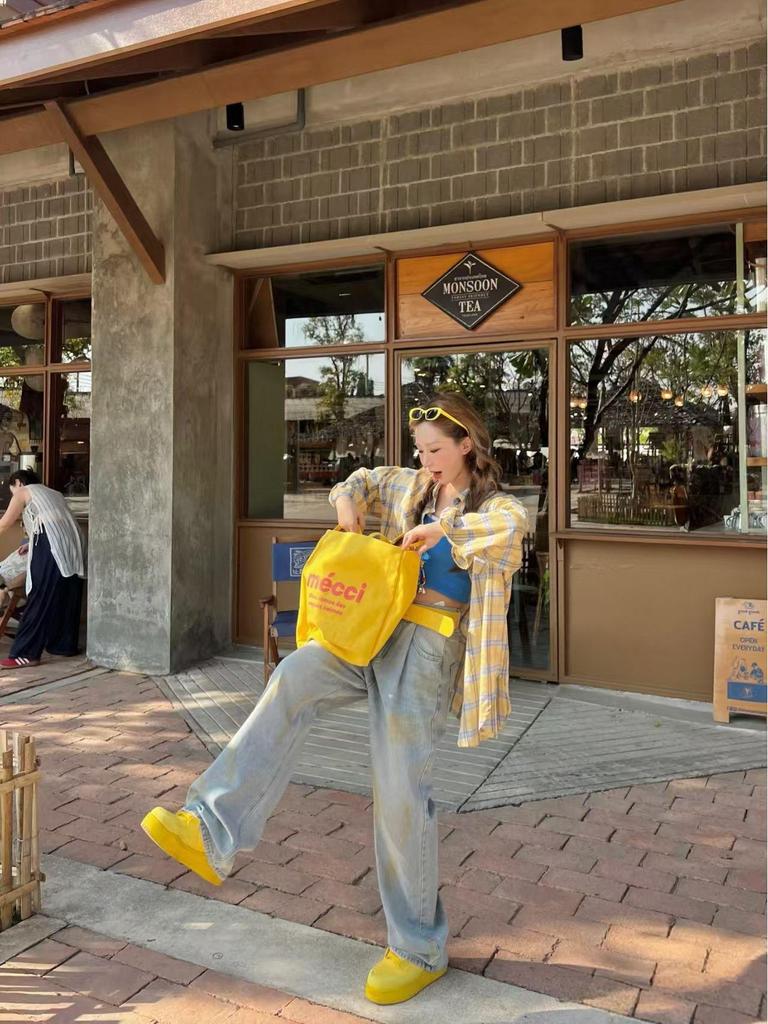 Damen Amerikanische Retro Gelb Kariert Langarm Sonnenschutzhemd - Herbst Dünn Locker Geschnittene Bluse