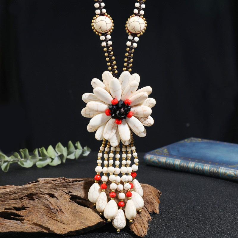 

Винтажное длинное бирюзовое ожерелье с цветком ручной работы с бахромой, универсальная цепочка для свитера, простые аксессуары для отпуска