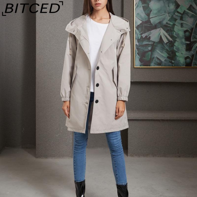 BITCED Autumn/Winter Water-Repellent Hooded Trench Coat Women's Casual Long Coat Loose Fit Plus Size Outdoor Rainwear