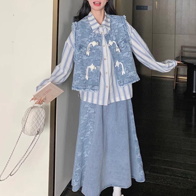 2026 Spring/Autumn Women's Trendy Chinese-Style Denim Skirt Set: Vest, Striped Shirt, & Skirt