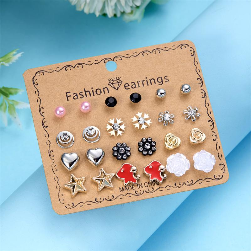 European & American Gold Fashion 12-Pair Rhinestone Stud Earring Set: Hearts, Feathers, Figure 8, Stars