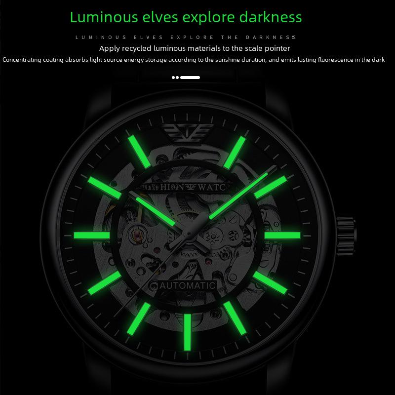 Popular Men's Black Warrior Hollow Mechanical Watch - Stylish, Waterproof, Luminous, Automatic