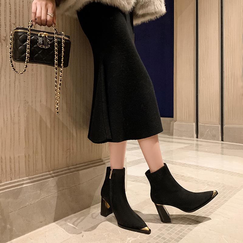 8.5CM Super High Heel Elegant Temperament Small Short Boots Niche Fashion Simple Pointed Thick Heel Side Zipper High Heel Women's Boots