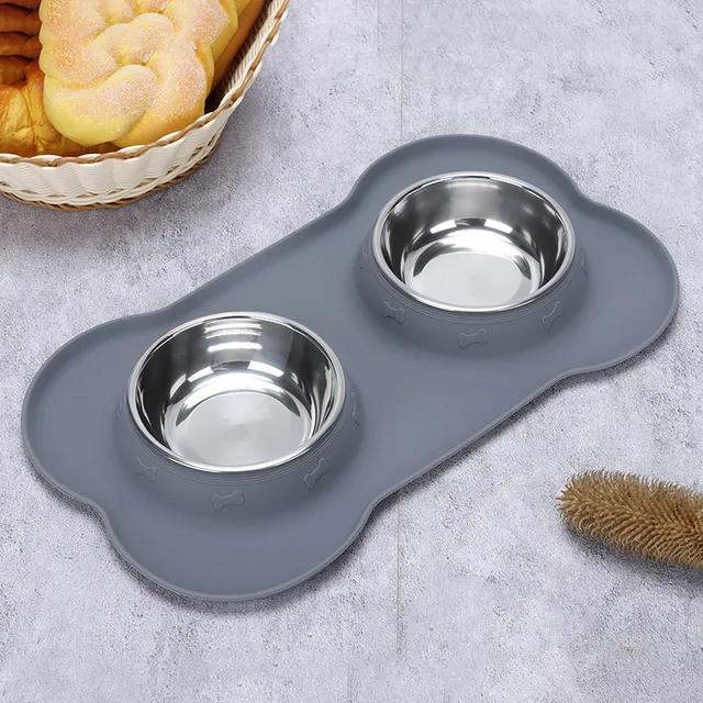 Antislip Double Dog Bowl With Silicone Mat Durable Stainless Steel Water Food Feeder Pet Feeding Drinking Bowls for Dogs Cats
