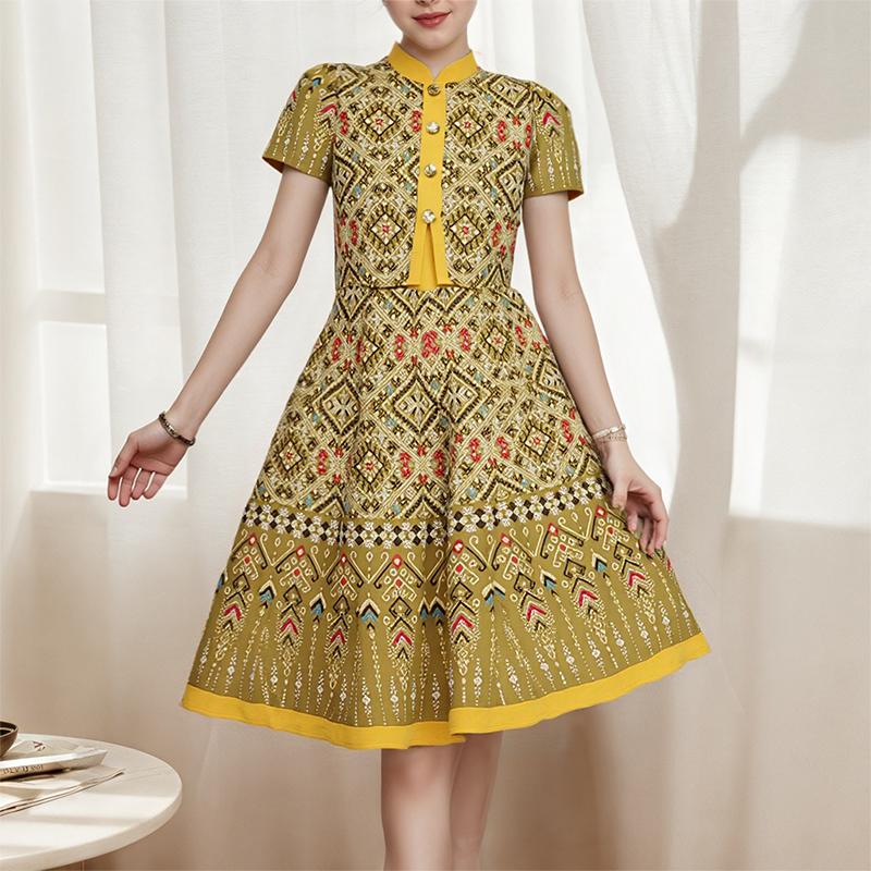 ZANZEA Women Casual Stand Neck Summer Short Sleeve Print Dress