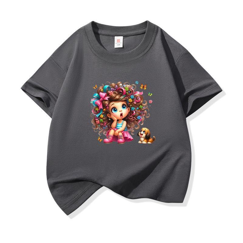 Kids Cotton T Shirt Floral Curly Hair Girl Sitting With Puppy Dog Print Crew Neck Short Sleeve Tee Casual Boys Girls Summer Tops
