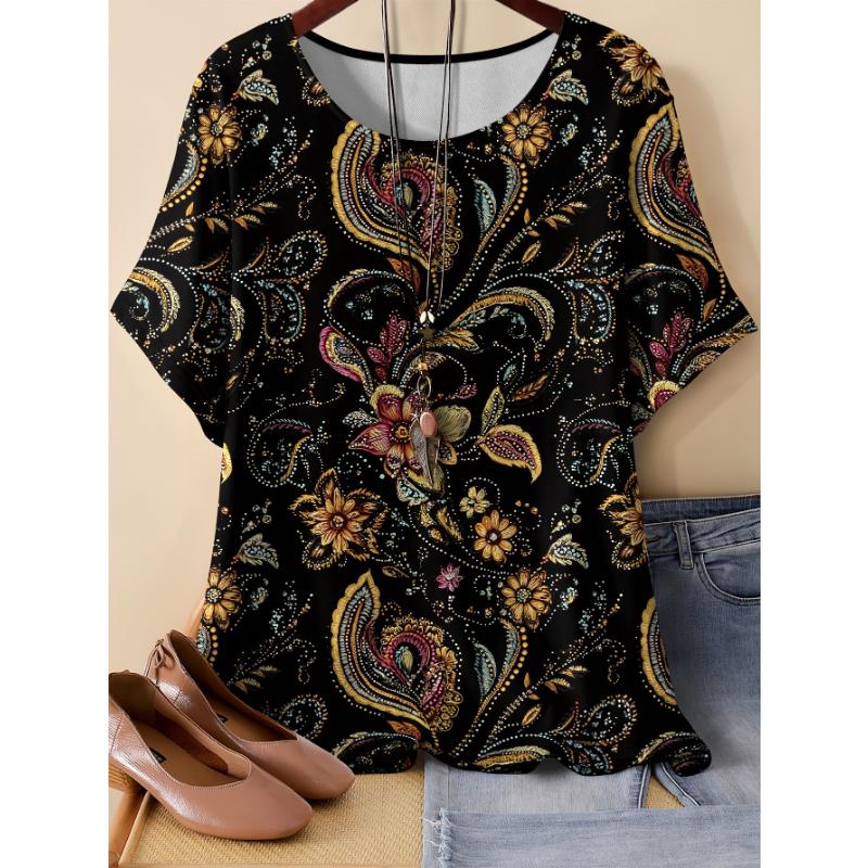 Fashion Women's Flower Short Sleeve Crew Neck T-Shirt 3D Flower Short Sleeve Crew Neck Short Sleeve