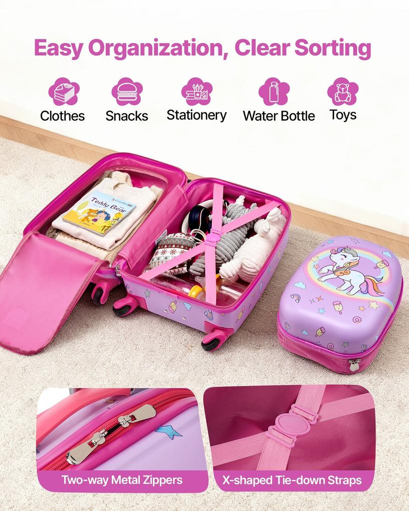 Kids Luggage Set, 2 Piece, 45.7 cm Hardside Rolling Wheels Suitcase with Hard-Shell Backpack, Unicorn Kids Carry on Luggage Set, Holiday Birthday Gift