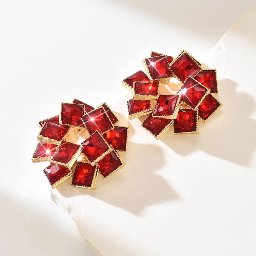 Square Big Red Festive Earrings Wedding High-End Sense Rhinestone Earrings Pendant Temperament Women'S Earrings