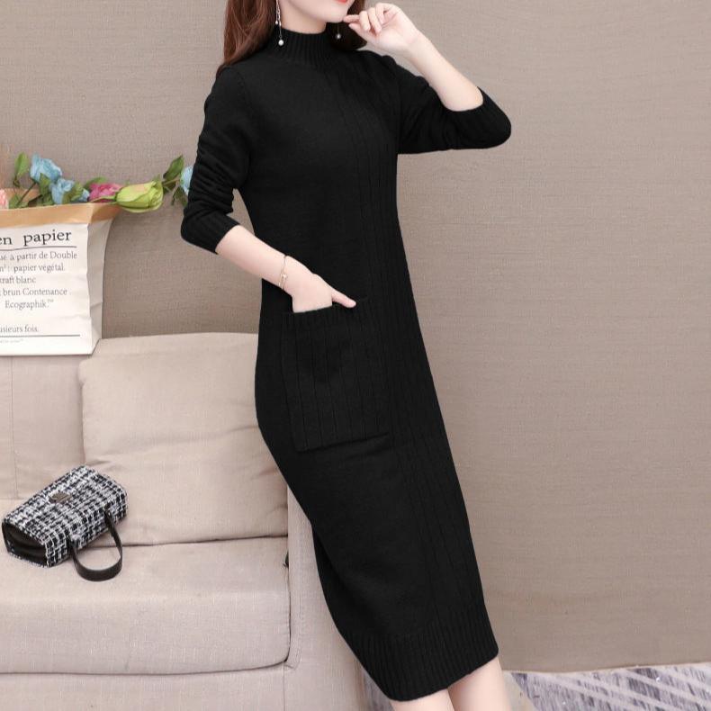 Knitted Dress for Women In Autumn and Winter Korean Style Loose Mid-length Pullover Solid Color Half Turtleneck Sweater Dress